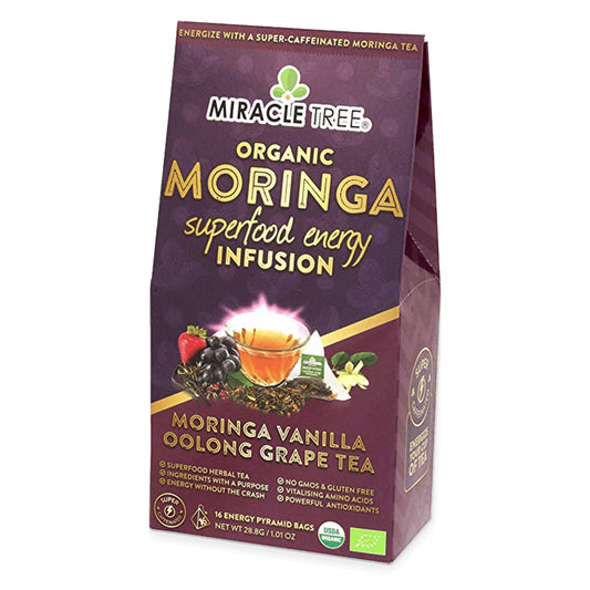 Organic Moringa Energy Tea by Miracle Tree with vanilla, oolong, and grape flavors, featuring fresh tea leaves and natural ingredients.