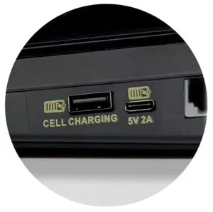 MedPat Solutions D520U full-featured landline console telephone with USB-A and USB-C charging ports, shown in a circular design.