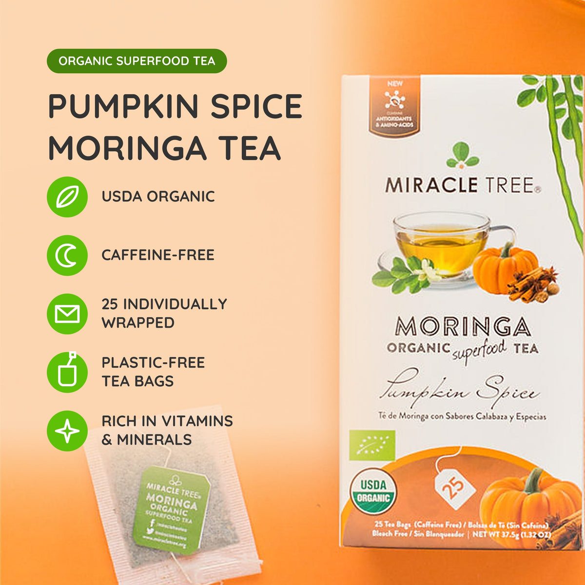 Organic Moringa Herbal Tea by Miracle Tree featuring pumpkin spice flavor in a tea bag on a wooden surface.