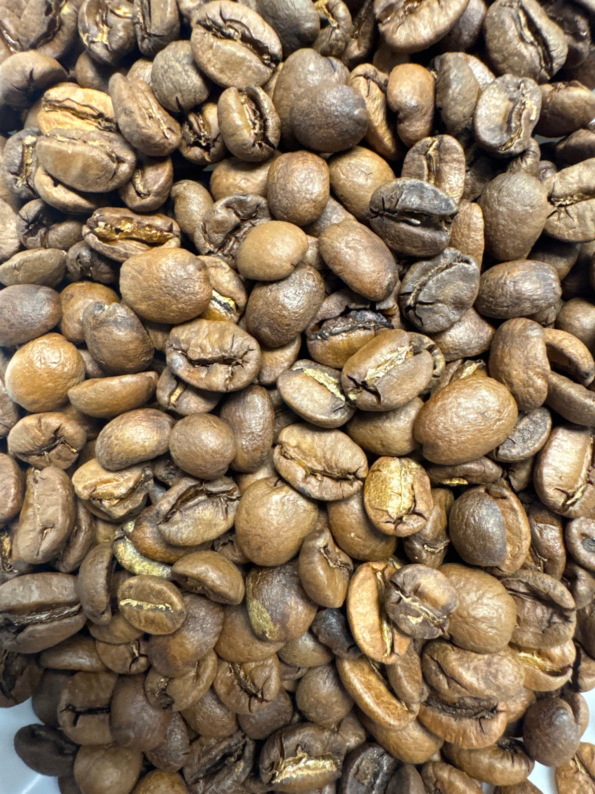 Roasted Brazil Serra Negra coffee beans from Good Brothers Coffee LLC, showcasing shiny, evenly roasted coffee in a close-up shot.