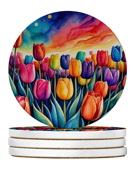 Set of four colorful tulip sandstone coasters with vibrant floral designs by Caroline's Treasures on DAC1996RCS4.jpg.