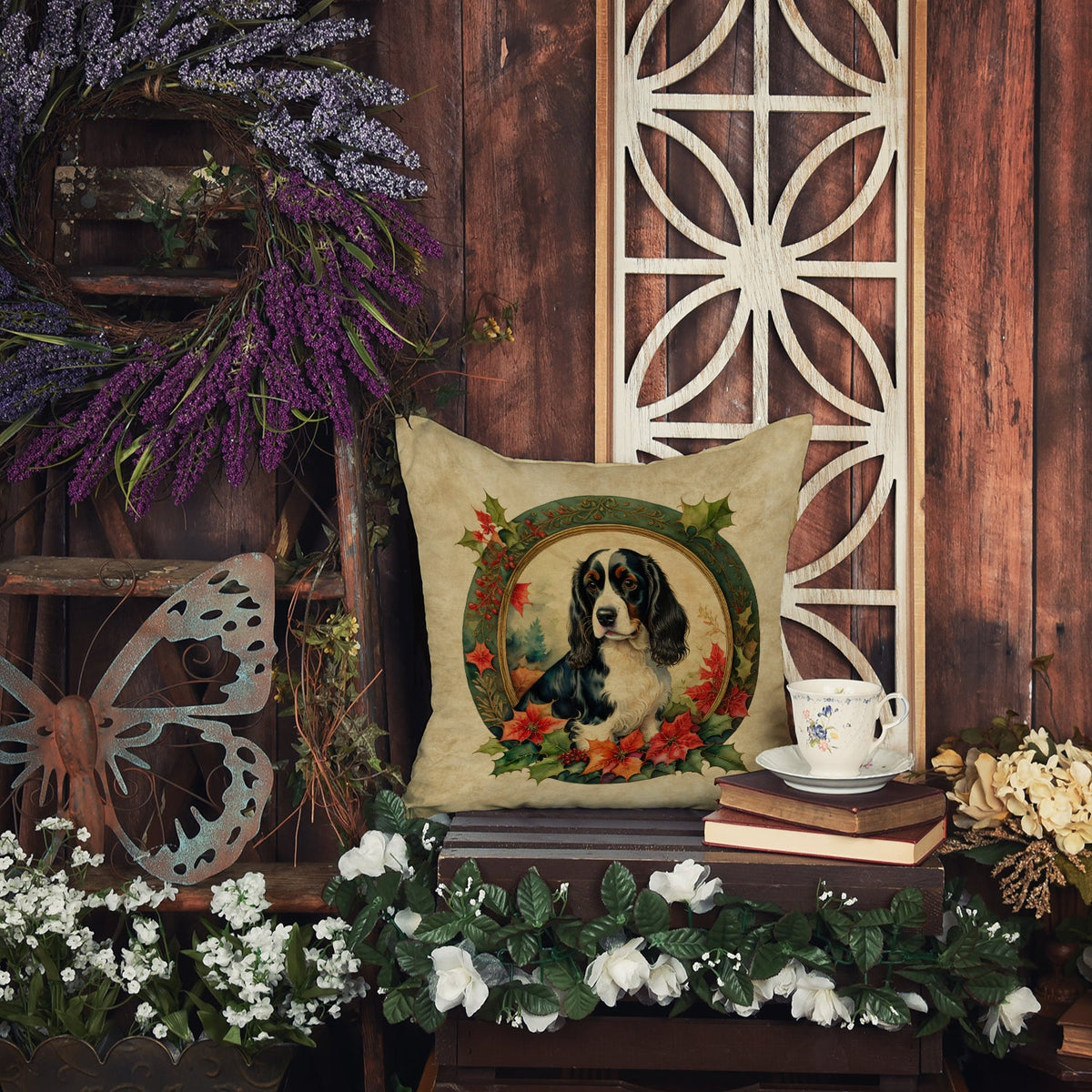 Decorative throw pillow featuring an English Springer Spaniel with Christmas flowers by Caroline's Treasures