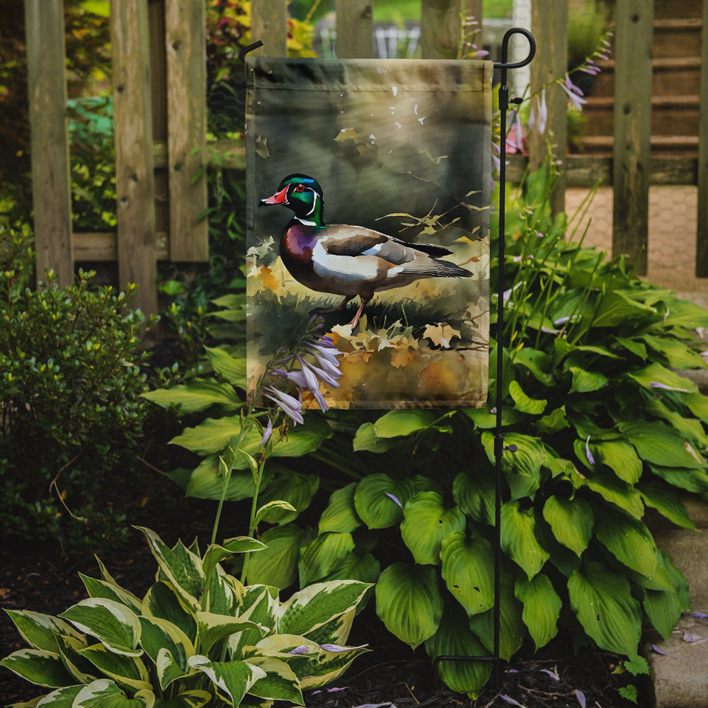 Wood Duck garden flag featuring a colorful duck design, made by Caroline's Treasures, for outdoor garden or yard decoration.