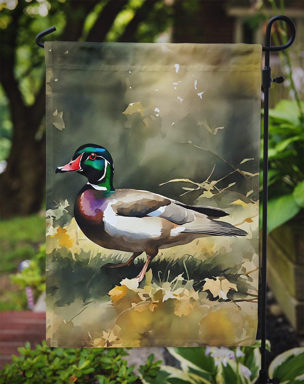 Wood Duck garden flag from Caroline's Treasures featuring a colorful duck design, suitable for outdoor garden decor.
