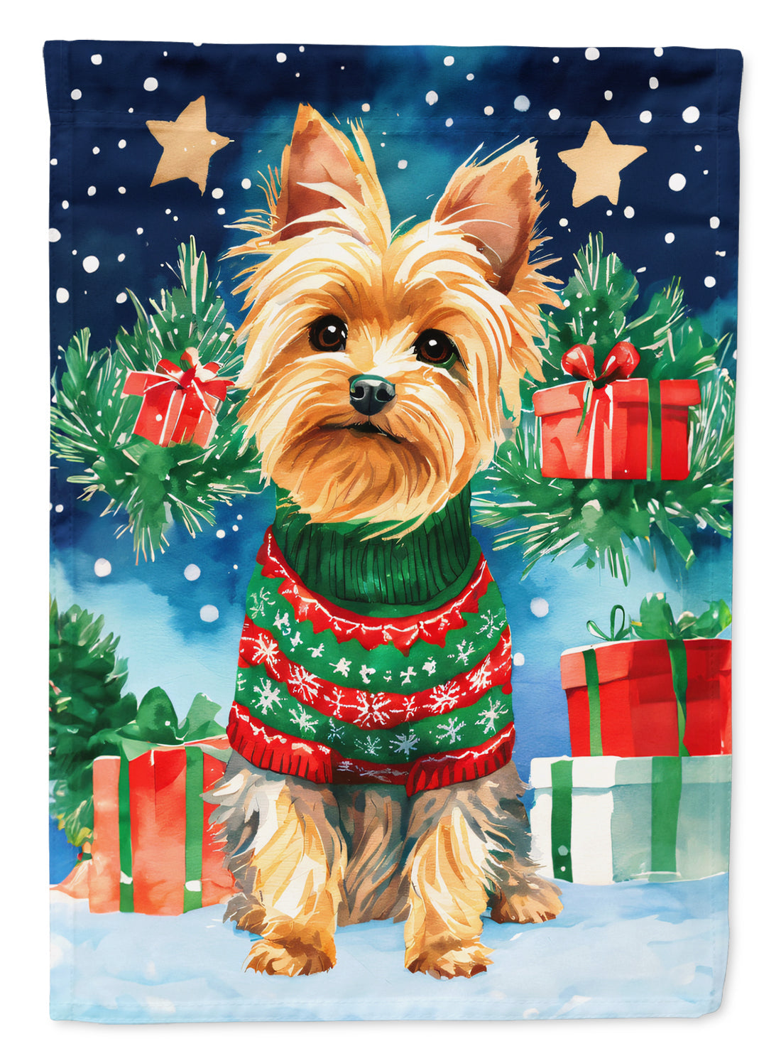 Yorkshire Terrier Yorkie Christmas house flag with festive holiday design, decorative outdoor flag from Caroline's Treasures.
