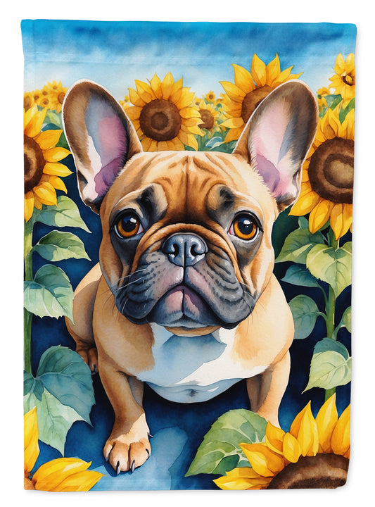 French Bulldog in Sunflowers house flag by Caroline's Treasures, colorful outdoor flag featuring a cute dog and sunflower design