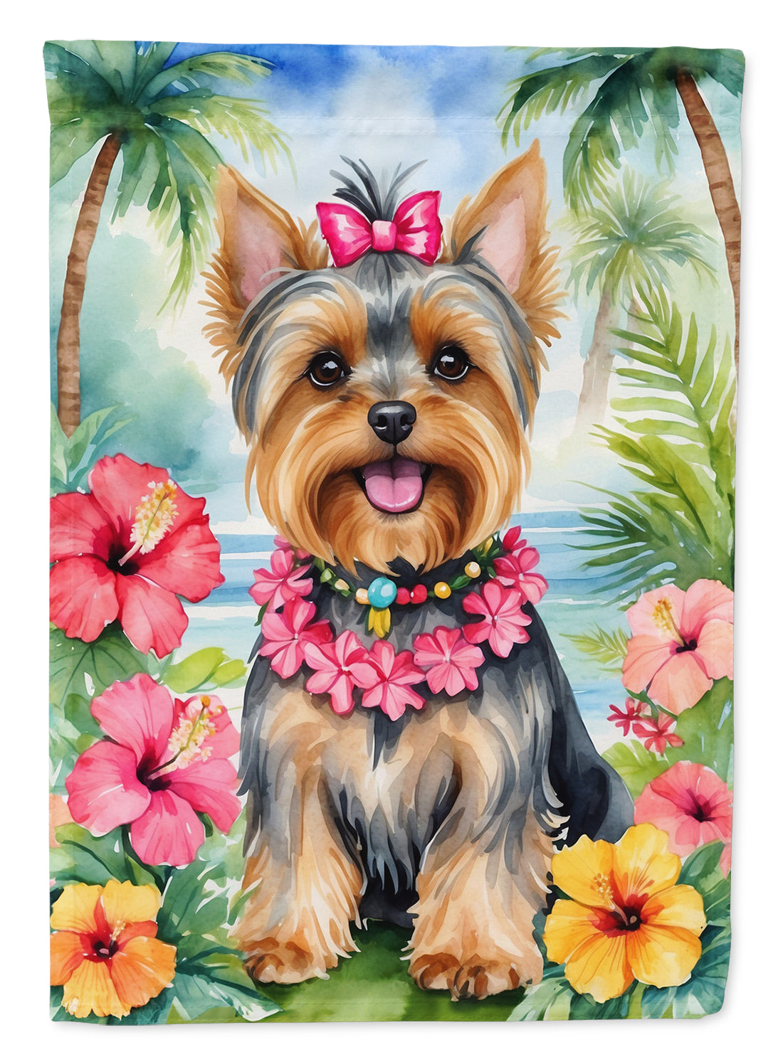 Yorkshire Terrier Luau House Flag by Caroline's Treasures hanging outdoors with tropical design and vibrant colors