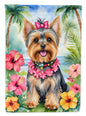 Yorkshire Terrier Luau House Flag by Caroline's Treasures hanging outdoors with tropical design and vibrant colors