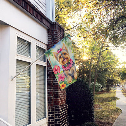 Yorkshire Terrier Luau House Flag by Caroline's Treasures hanging outdoors with tropical luau design and vibrant colors