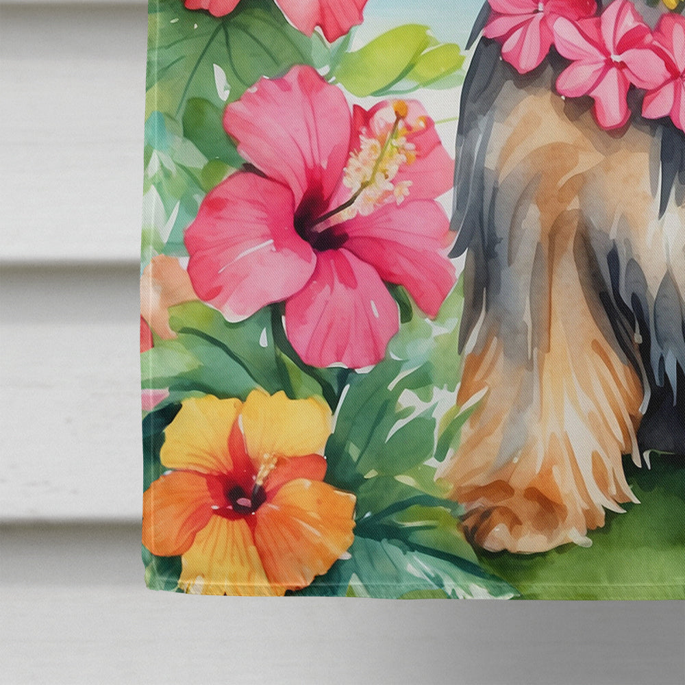 Yorkshire Terrier Luau House Flag from Caroline's Treasures, colorful fabric flag with a playful dog design for outdoor decoration