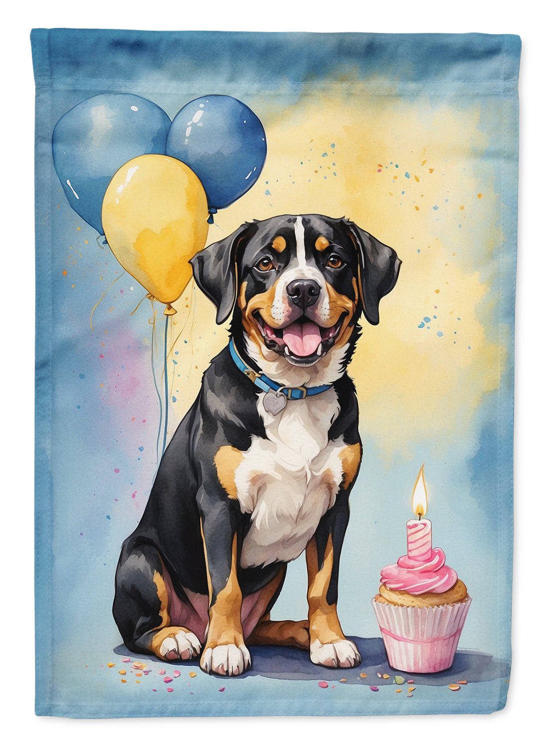 Entlebucher Mountain Dog Happy Birthday house flag by Caroline's Treasures, featuring a festive birthday design with a dog and colorful accents.