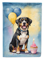 Entlebucher Mountain Dog Happy Birthday house flag by Caroline's Treasures, featuring a festive birthday design with a dog and colorful accents.
