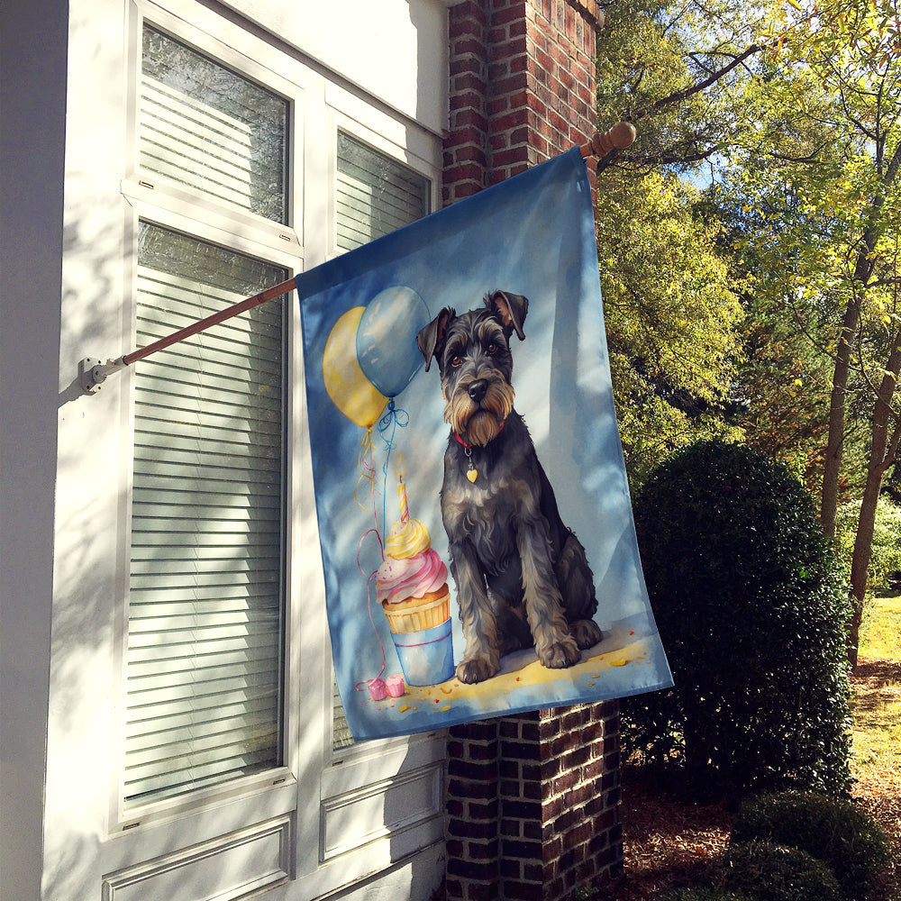 Caroline's Treasures Schnauzer Happy Birthday house flag with a cheerful dog design for birthday celebrations.