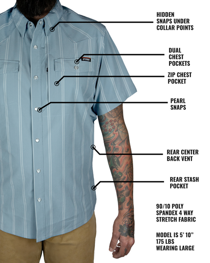 Off The Grid Surplus Daryll SS Shirt in mid blue, short sleeve casual shirt displayed flat with collar and button details.
