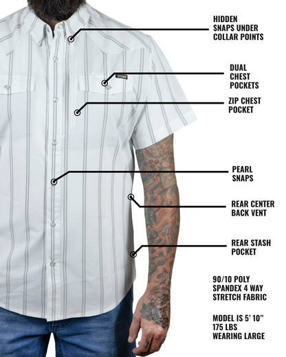 White Daryll SS Shirt by Off The Grid Surplus, short sleeve casual shirt displayed on a hanger.