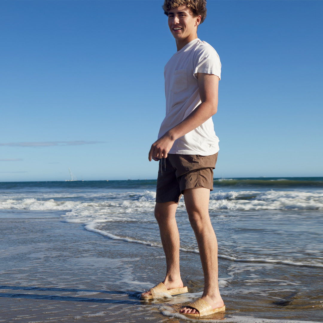 Fleks East Beach Slide sandal with a morning coffee-themed design, featuring casual slip-on style and comfortable straps.