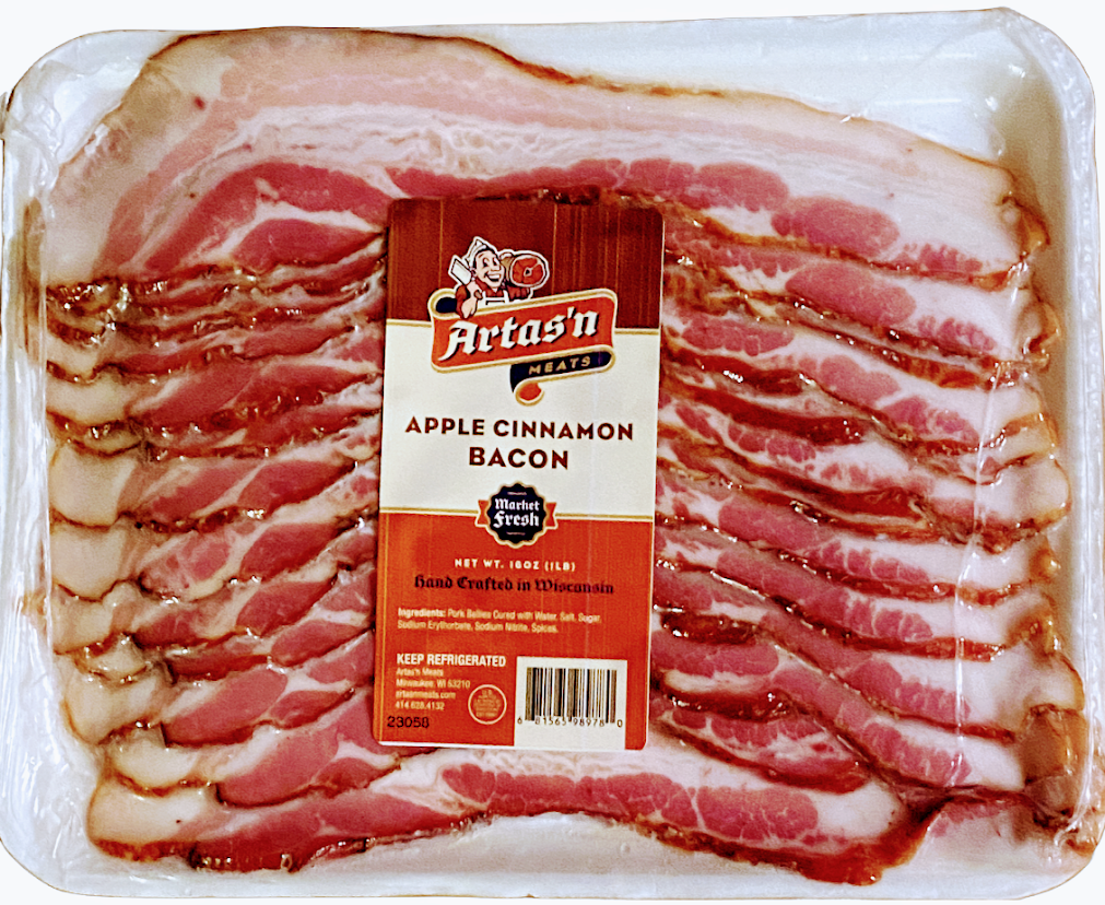 Sliced Apple Cinnamon Slab Bacon by Artas'n Meats, showing crispy, seasoned bacon with apple cinnamon flavor on a white background.