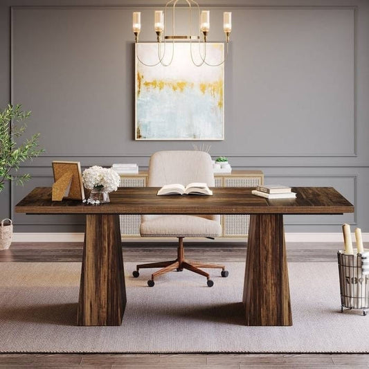 Dark brown wood finish modern home office computer desk workstation by BACKUPMYFILESNOW® with spacious surface and sleek design.