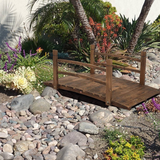 Solid dark wood 4-foot garden bridge with handrails, ideal for enhancing outdoor pathways and garden aesthetics.