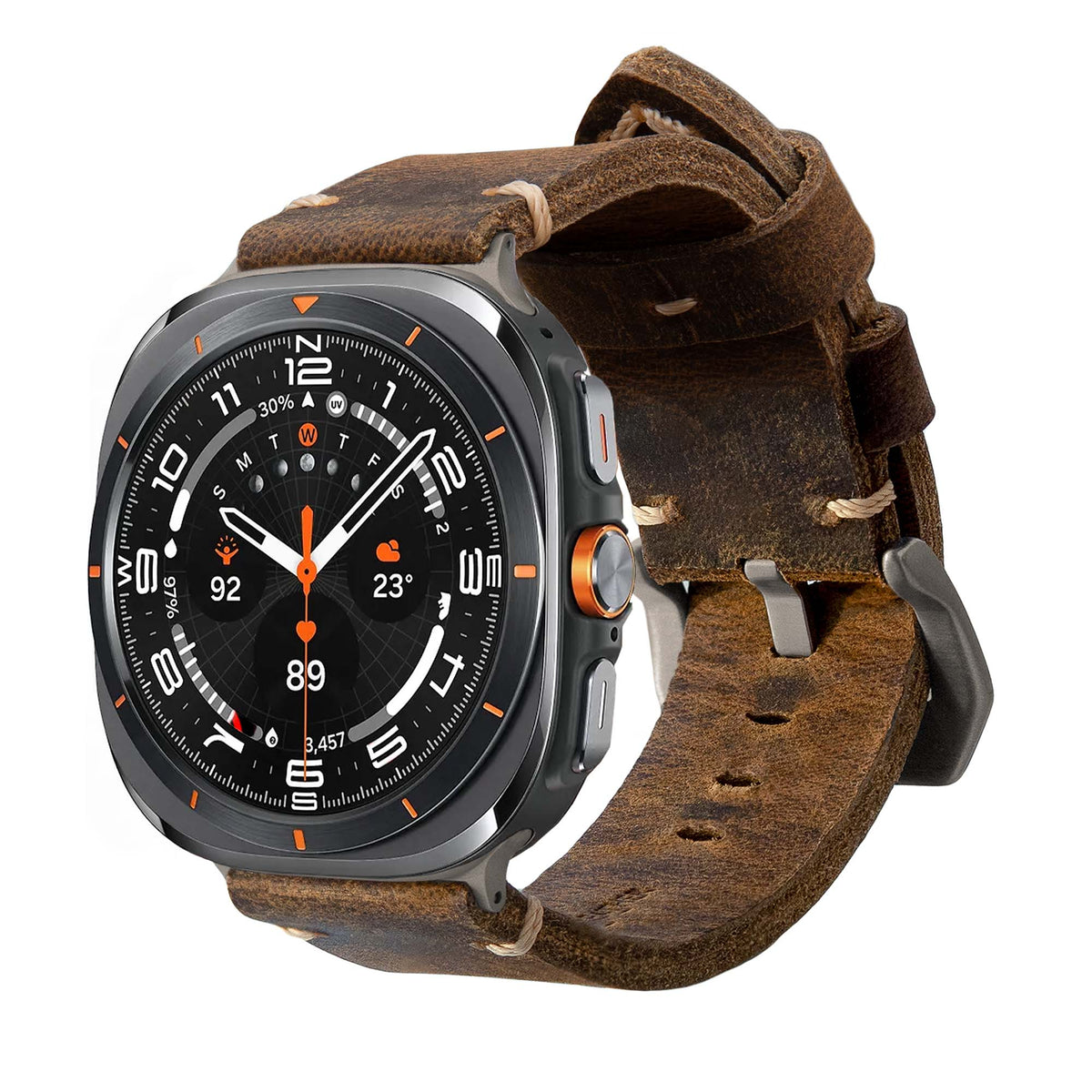 Robust Leather Strap R01 attached to Samsung Galaxy Watch Ultra, showcasing a stylish and durable watch band in natural leather.
