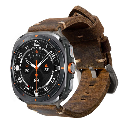 Robust Leather Strap R01 attached to Samsung Galaxy Watch Ultra, showcasing a stylish and durable watch band in natural leather.