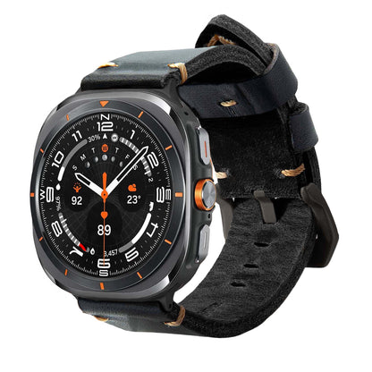 Robust Leather Strap R01 for Samsung Galaxy Watch Ultra, black leather band with textured finish for a stylish, comfortable fit.