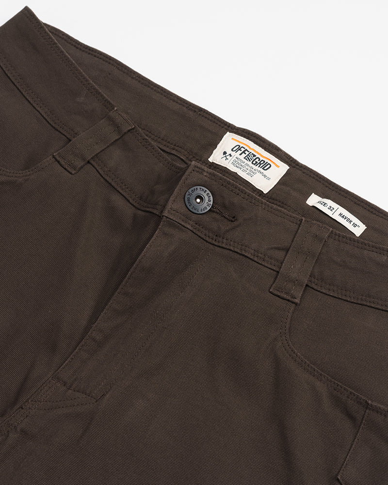 Dark brown Havok Shorts 10-inch from Off The Grid Surplus, featuring a flat front and casual fit for outdoor and everyday wear.