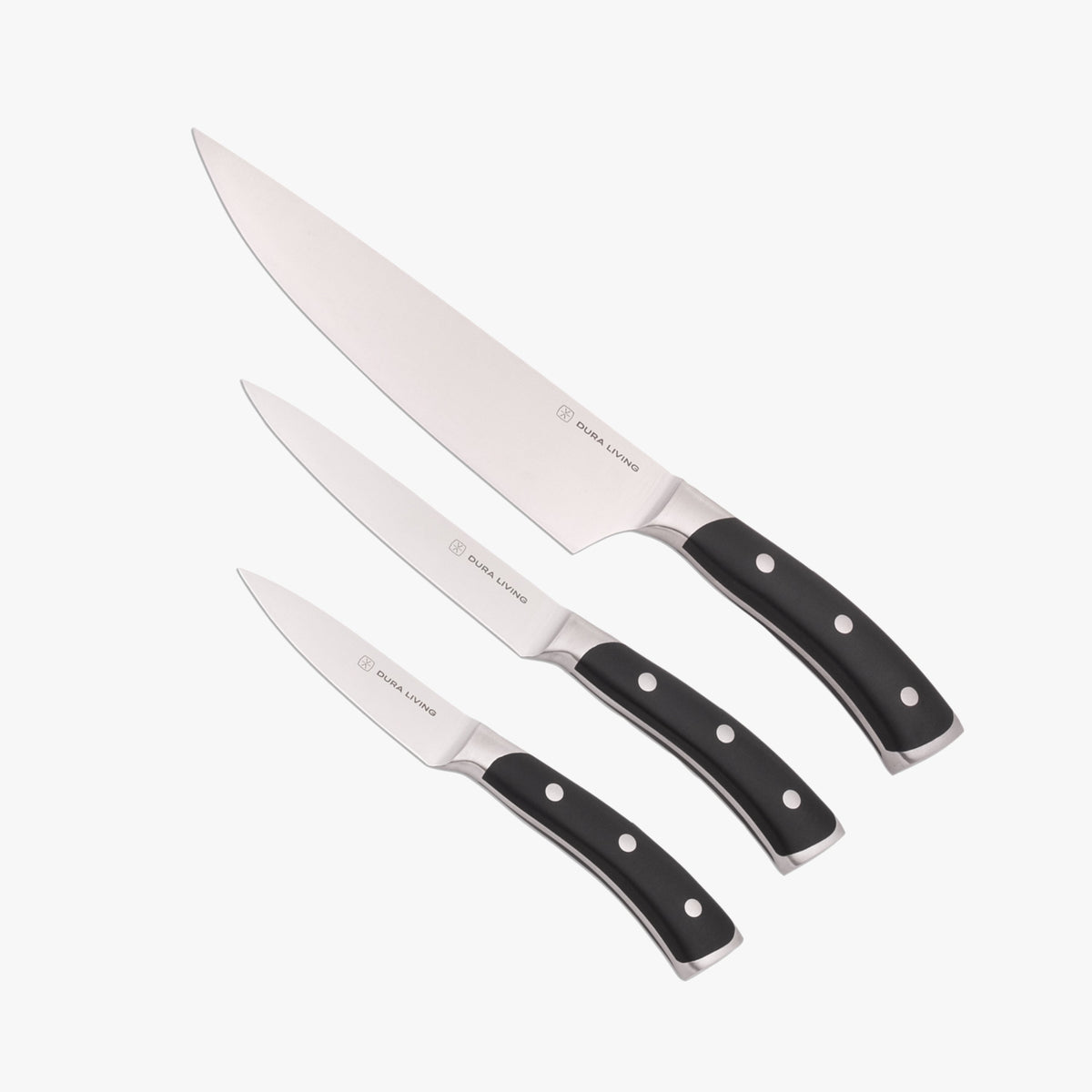 Black Dura Living Elite 3-piece kitchen knife set with stainless steel blades and black handles, displayed on a wooden surface.