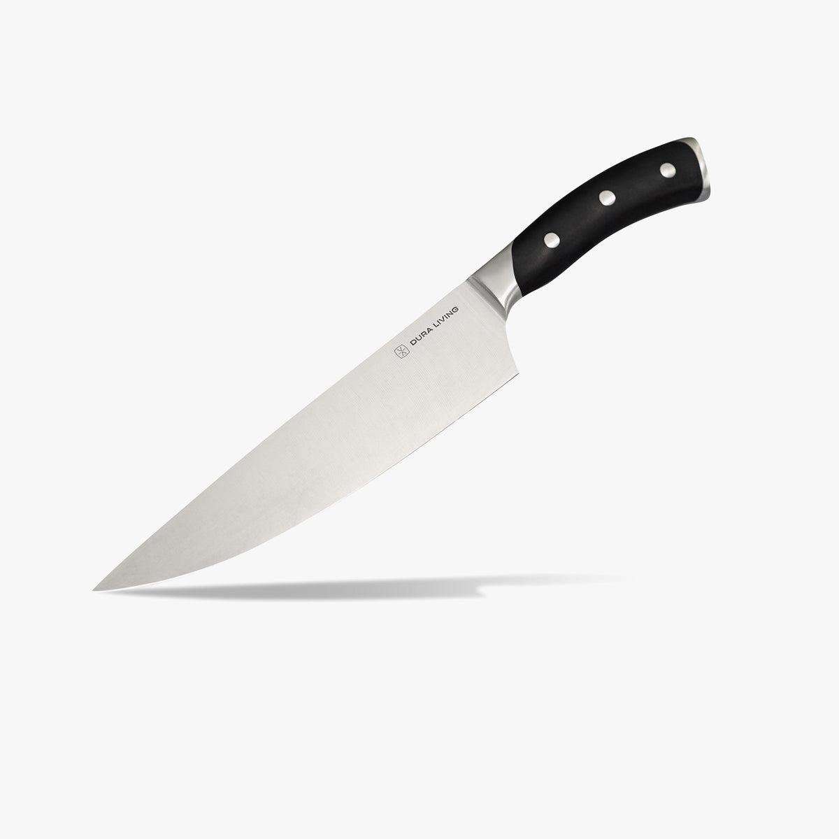 Black Dura Living Elite 8-inch chef knife with a sleek handle and sharp blade, ideal for precise kitchen slicing and chopping.
