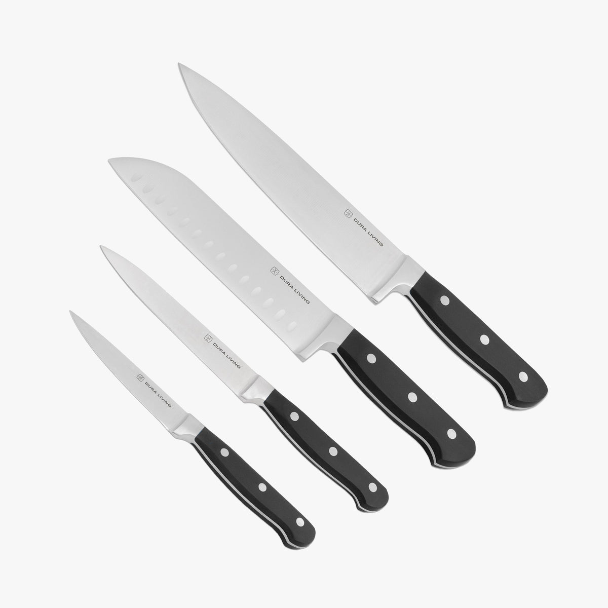 Dura Living Superior 4-piece black kitchen knife set with stainless steel blades and ergonomic handles displayed on a wooden surface.