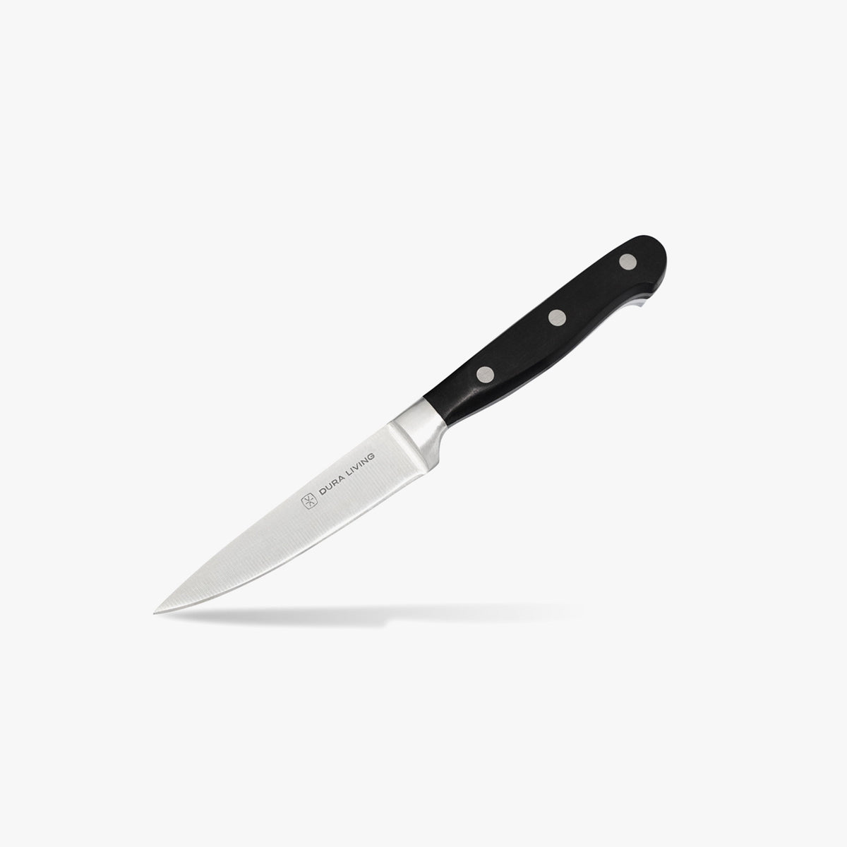 Black Dura Living Superior 3.5 inch paring knife with sharp stainless steel blade for precise kitchen peeling and slicing.