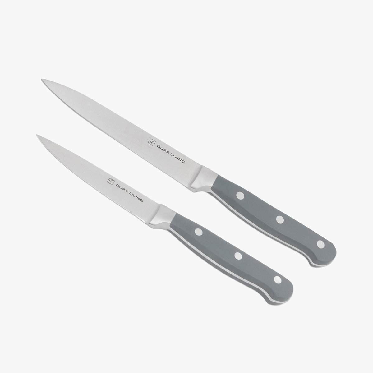 Dura Living Superior 2-piece gray kitchen knife set with stainless steel blades and ergonomic handles, displayed on a wooden cutting board.