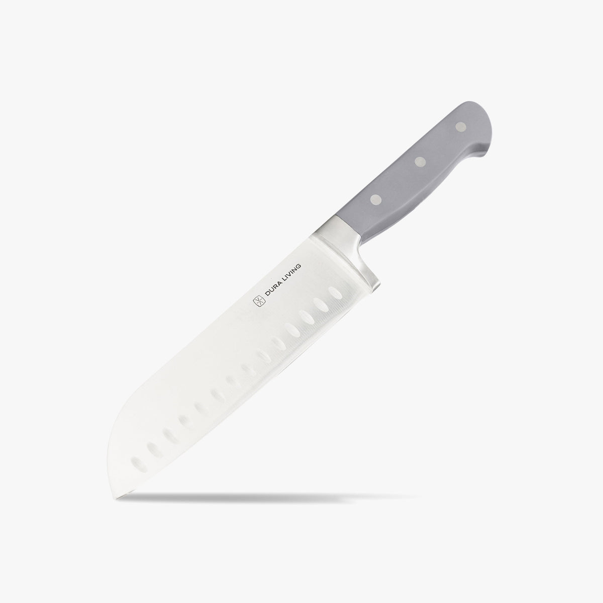 Dura Living 7-inch gray Santoku knife with sharp blade and ergonomic handle, ideal for slicing and chopping in the kitchen.