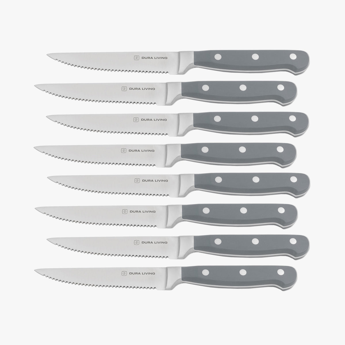 Set of 8 gray Dura Living steak knives with stainless steel blades and ergonomic handles, perfect for dining and entertaining.