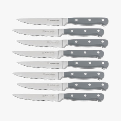 Set of 8 gray Dura Living steak knives with stainless steel blades and ergonomic handles, perfect for dining and entertaining.