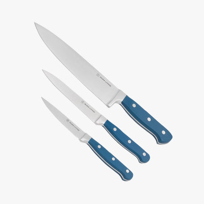 Dura Living Superior 3-piece kitchen knife set with royal blue handles, includes chef, bread, and utility knives on a white background.