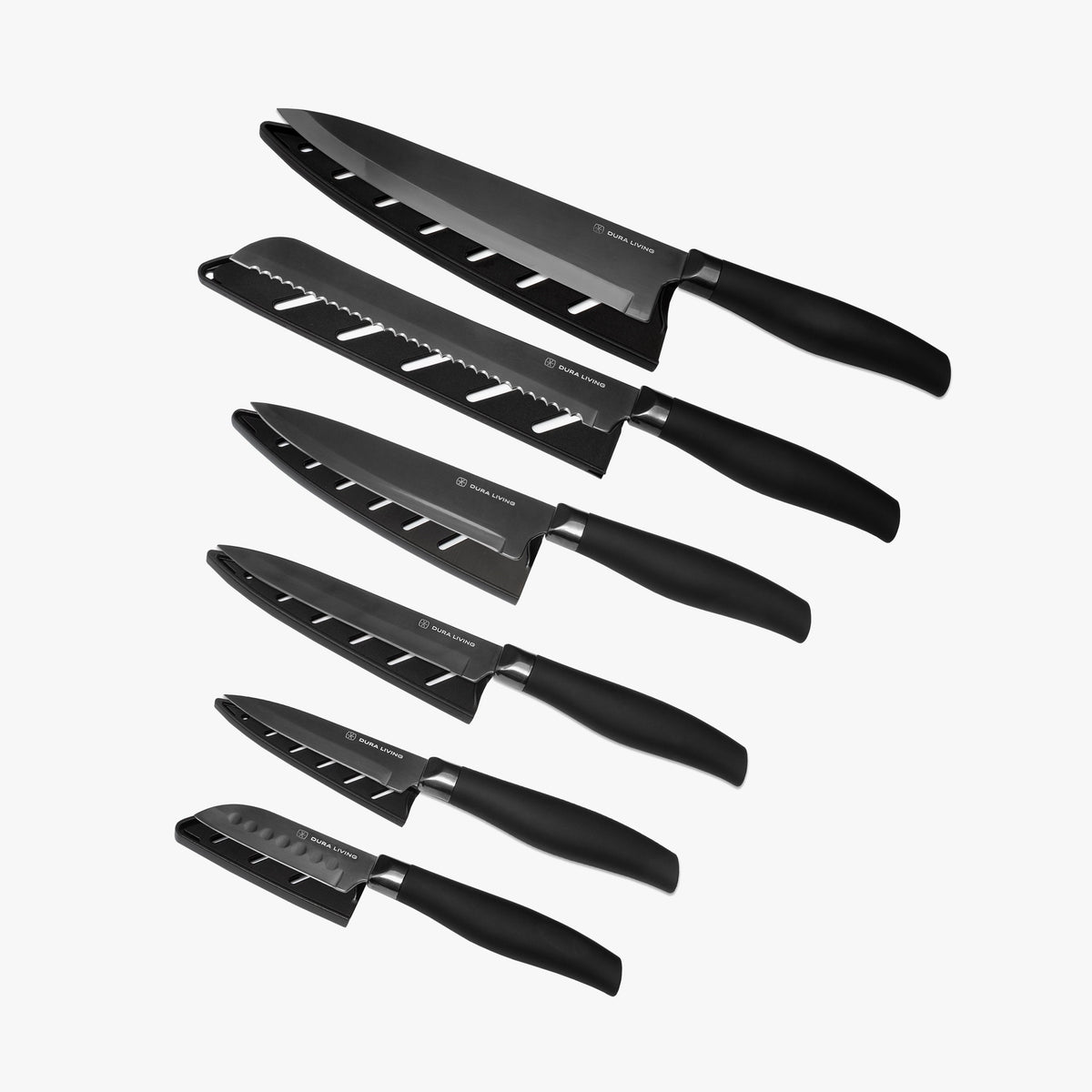 Dura Living Titan 12-piece black kitchen knife set with stainless steel blades and ergonomic handles displayed on a countertop.