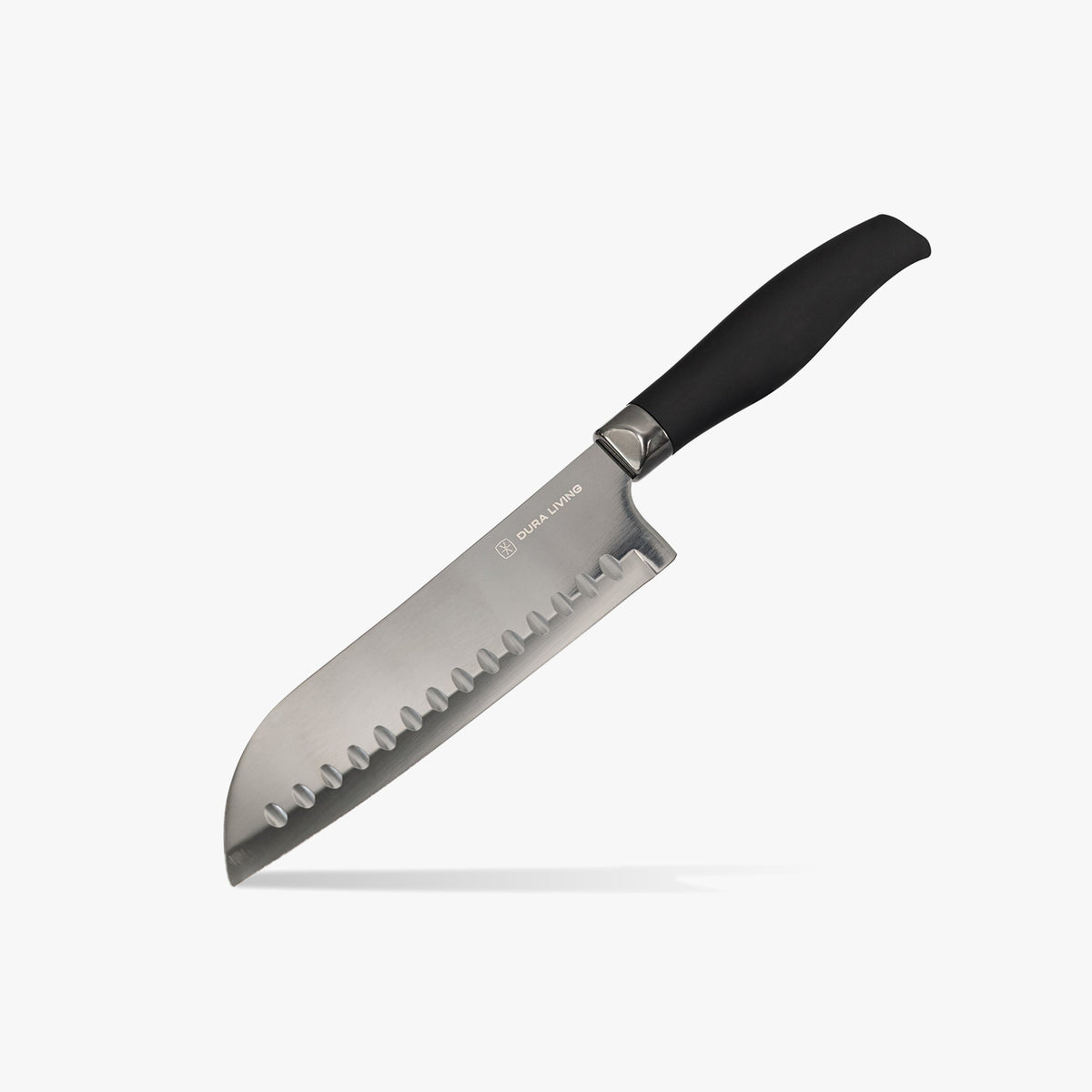 Dura Living Titan 7-inch black Santoku knife with a sharp blade and ergonomic handle for precise slicing and chopping.