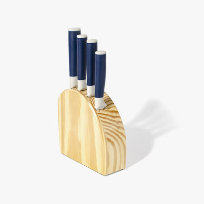 Dura Living DUO-GRIP 5-piece kitchen knife starter set with stainless steel blades and ergonomic handles on a wooden surface.