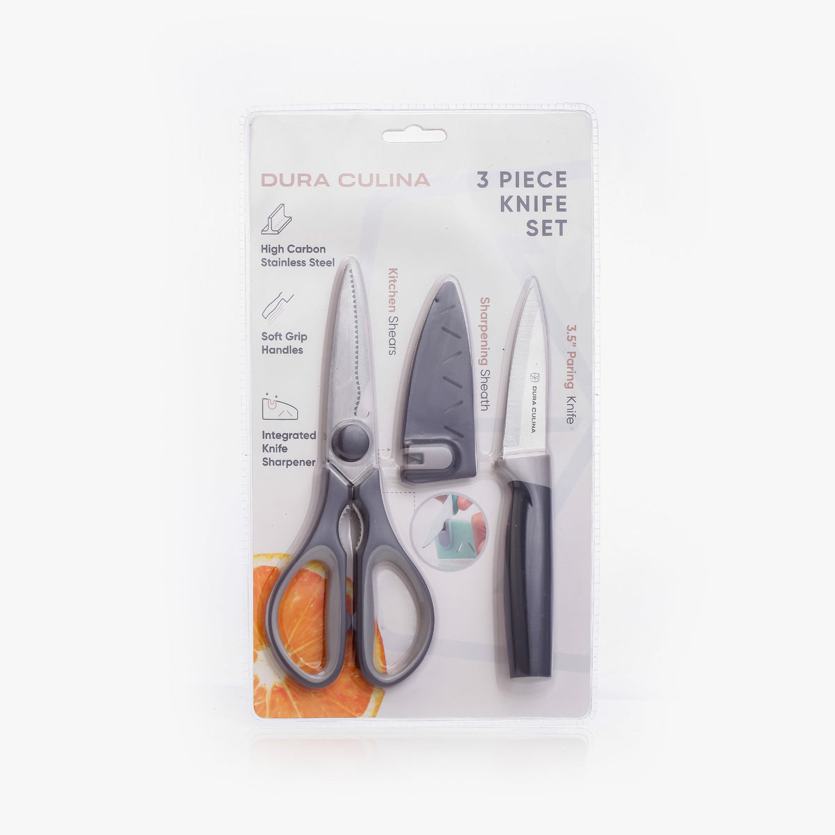 Dura Living 3-piece kitchen knife set with paring knife, blade guard with built-in sharpener, and multi-purpose shears on a cutting board.