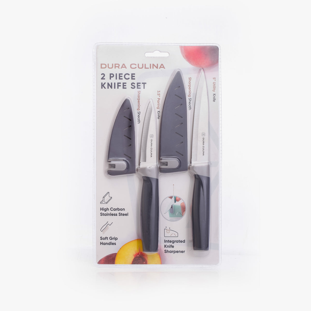 Dura Living 2-piece kitchen knife set with paring and utility knives, matching blade guards, and built-in sharpener.