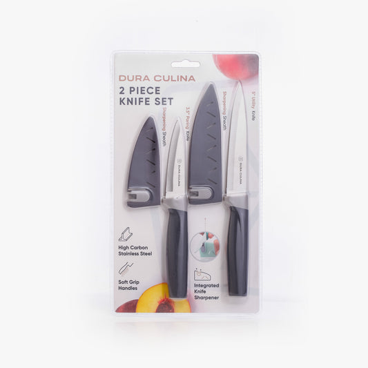 Dura Living 2-piece kitchen knife set with paring and utility knives, matching blade guards, and built-in sharpener.