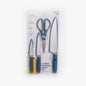 Dura Living 4-piece kitchen knife set including chef, utility, paring knives, multi-purpose shears, and matching blade guards.