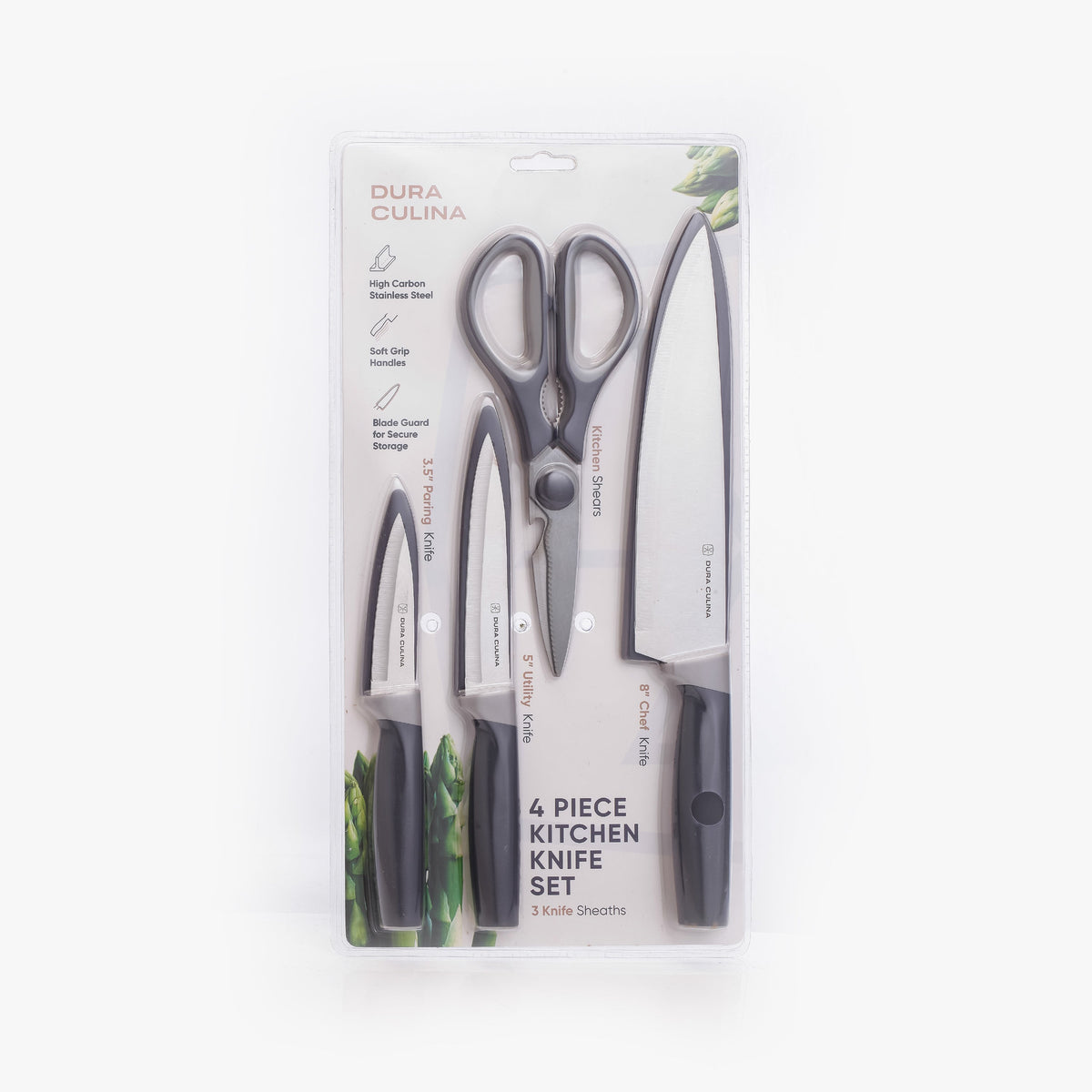Dura Living 4-piece kitchen knife set with chef, utility, paring knives, multi-purpose shears, and matching blade guards on a wooden countertop.