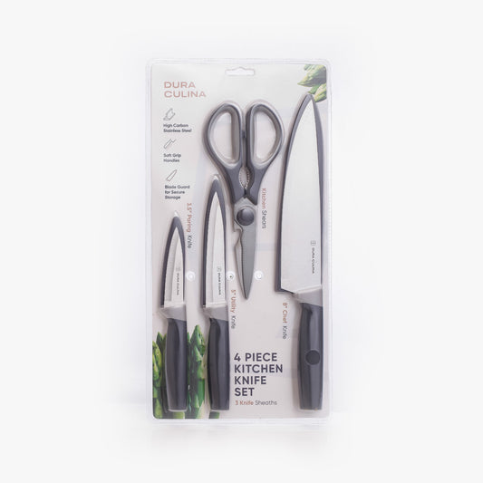 Dura Living 4-piece kitchen knife set with chef, utility, paring knives, multi-purpose shears, and matching blade guards on a wooden countertop.