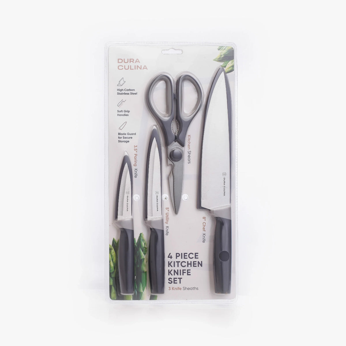 Dura Living 4-piece kitchen knife set with chef, utility, paring knives, shears, and matching blade guards on a wooden surface.