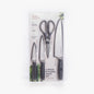 Dura Living 4-piece kitchen knife set with chef, utility, paring knives, shears, and matching blade guards on a wooden surface.