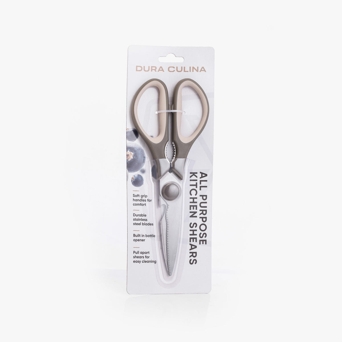 Dura Living stainless steel kitchen shears with soft grip handles, multi-function kitchen tool for cutting and food prep.
