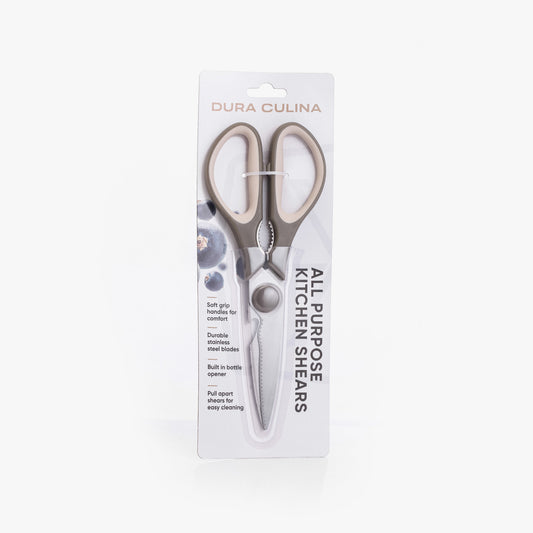 Dura Living stainless steel kitchen shears with soft grip handles, multi-function kitchen tool for cutting and food prep.