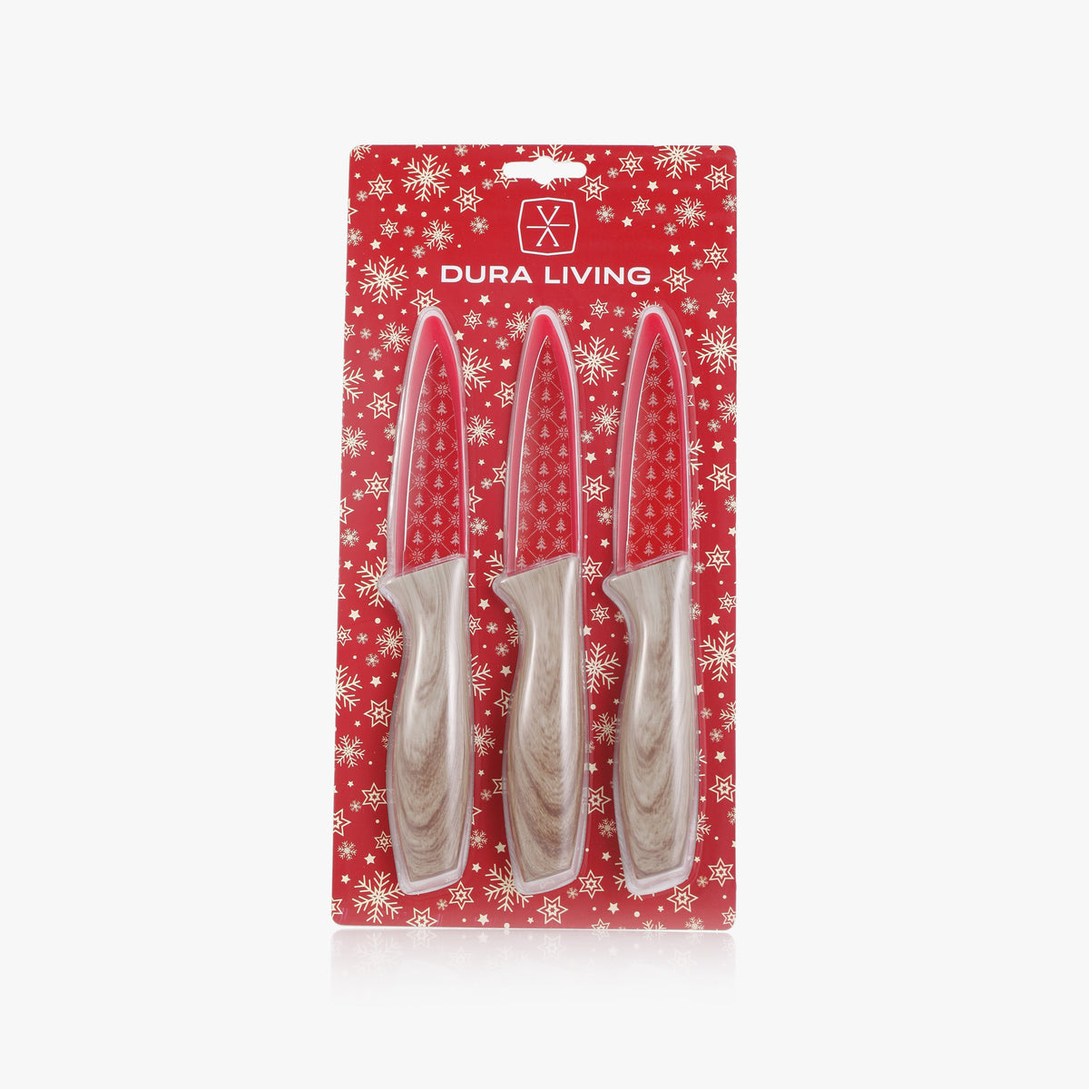 Dura Living 3-piece holiday paring knife set with snowflake designs and blade guards, ideal for festive kitchen prep.